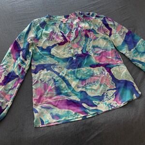 Lilly Pulitzer Top Womens SMALL Purple Opal Swell Aquainted Elsa 100% Silk Art